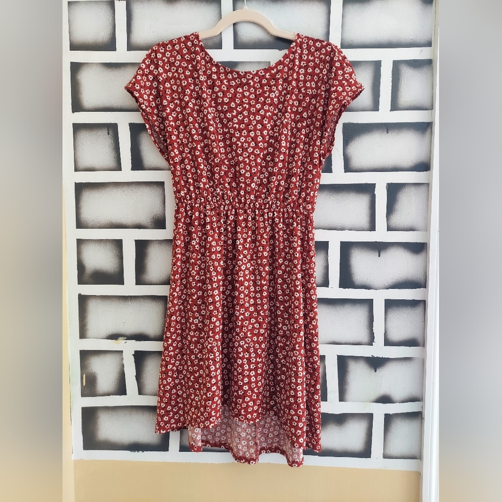 Ardene dress-XS, rusty red, white and black flowers